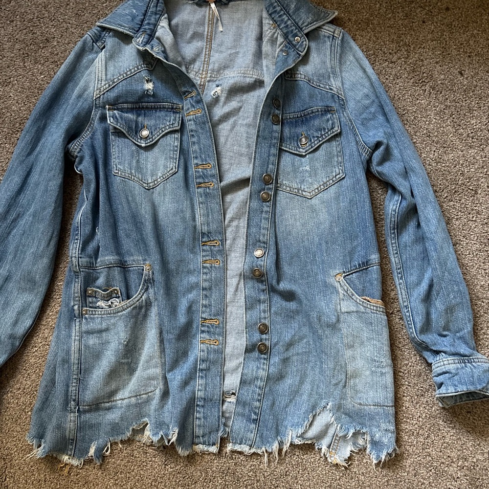 Free People Blue Distressed Jean Jacket size small